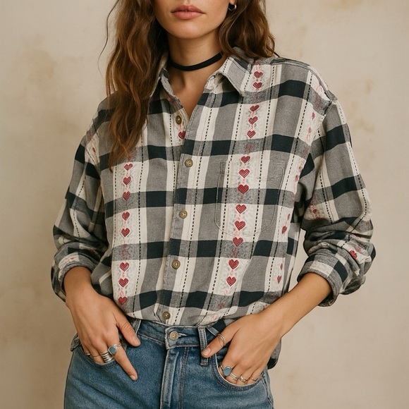 Vintage 90s Krazy Kat Heart Print Plaid Cottagecore Button Down Shirt Size M - Picture 1 of 8